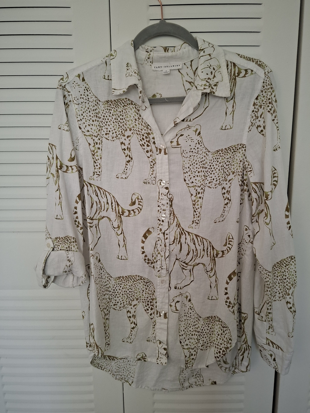 Jane and Delancey White Button-Down Shirt with Tan Animal Print